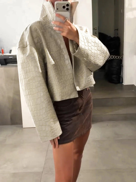 Autumn Women Croc Embossed PU Leather Jacket High Neck Zip Up Oversize Loose Cropped Coat Long Sleeve Street Lady Outerwear