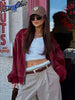 Solid Patchwork Cropped Coat Women Lapel Long Sleeve Loose Zipper Pockets Jacket Autumn Lady Casual Street Outerwear