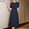 Elegant Chic Fabric Flower Womens Midi Dresses O-Neck Short Puff Sleeve Fitted Waist A-Line Dress S-3XL