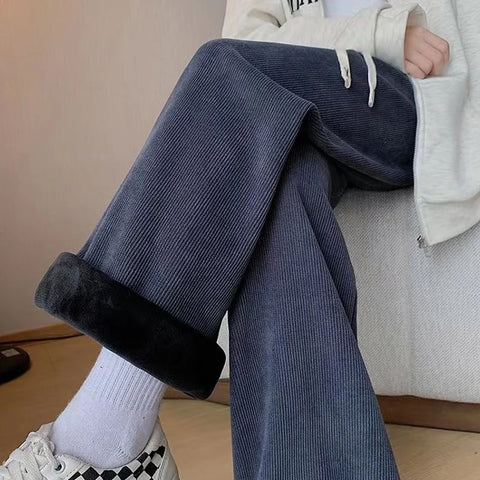 Autumn Winter Loose All-match Corduroy Pants Elastic Waist Solid Fleece Casual Straight Pants Vintage Women Clothing
