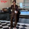 Loose Brown Satin Women's Two Pieces Set Elegant Long Sleeve Shirt With High Waist Wide Pants Set FemalaCla