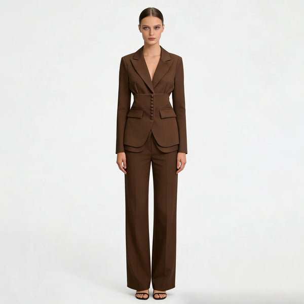 Women's Waist-Cinched Blazer 2-Piece Set (Brown/White/Black/Navy/Burgundy) Elegant Formal Office Wide-Leg Pants Outfit