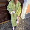 Green Lapel Belt Lace Up Long Trench Coat Women Lantern Sleeve Waist Cinching Jacket Autumn Lady Street Daily Outerwear