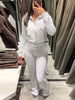 Zipper Plush Jacket Long Pants Lady Set Solid Color Lapel Jackets High Waist Slim Bell-Bottom Trousers Casual Women's Sets