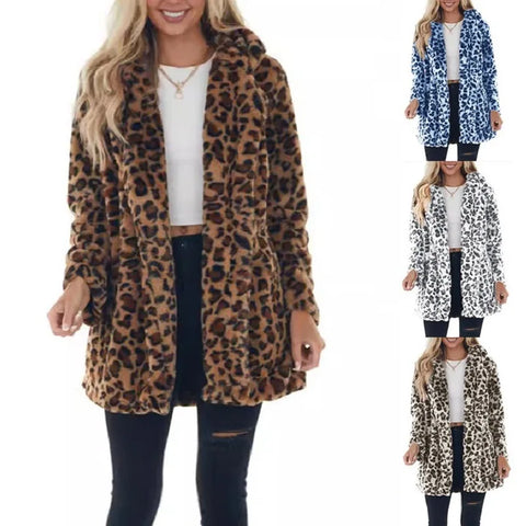 Women Winter Warm Faux Fur Coat Casual Turn-down Collar Leopard Jackets Ladies Streetwear Long Sleeve Pockets Overcoats