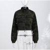 Camouflage Cropped Cargo Jacket Women Stand Collar Full Zip Multi Pockets Long Sleeve Jackets Autumn Casual Coat