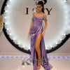 Chic Evening Dresses for Women Rhinestones One-Shoulder Trumpet Sweep Train Pleat Satin Vestido De Noche Customized