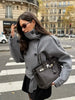 Grey Lace Up Short Woolen Coat Women Chic Solid Stand Collar Double Breasted Pocket Slim Jacket Lady Commute Street Wear