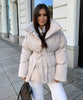 Women's Puffer Coat Large Lapel Collar Belted Waist Mid-Length Warm Winter Jacket Loose Padded Outerwear