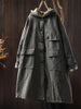 Women Vintage Hooded Button Parkas Plus Cotton Winter Coats Solid Color Patchwork Pockets Warm Long Parkas