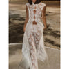 Women Sexy Lace Patchwork White Maxi Dress Flared Sleeve Off Shoulder Bodycon Gowns Lady Evening Night Party Robes