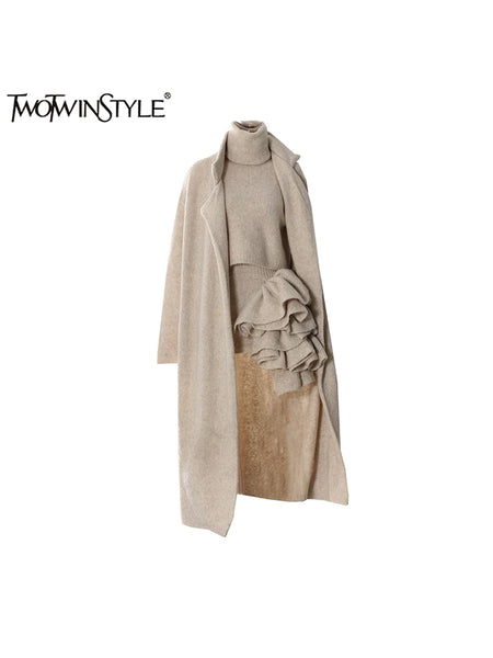 Three Piece Set For Women Lapel Long Sleeve Coat High Neck Vest High Waist Patchwork Appliques Skirt Sets Female