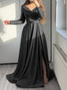 Long Sleeve Casual Waist Pleated Gowns Dress Women Elegant Split Satin Party Dress Sexy V-neck Embroidered Lace Patchwork Dress