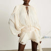 French Style Bubble Sleeve Mini Dress Woman Ruffle Solid Bright Satin Party Dress Spring Tie-up O Neck Pleated Dress