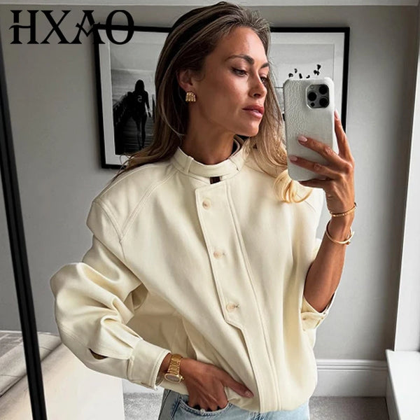 Women's Bomber Jacket Autumn Winter Button Oversized Outerwears Beige Long Sleeve Top Coats & Jackets Chic Coat