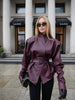 Lady Retro Burgundy Belted Leather Jacket Solid Stand Collar Long-sleeved Cropped Coat Women Daily Street Outerwear