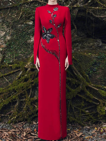 High Street Designer Party Vestido Women's Flowers Beaded Diamonds Beaded Slit Sleeve Long Maxi Dress
