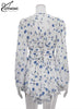 White Print Women's Dress Elegant V-Neck Ruffled Long Sleeve Dresses Autumn High Waisted Pleated Mini Dresses