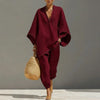 Female Clothing Two Piece Set Spring V Neck Loose Top Pullover & Long Pants Outfits Woman Batwing Sleeve Vintage Suit Mujer