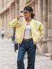 Women Yellow Jacquard Bomber Jacket Round Neck Zipper Long Sleeve Loose Cropped Coat Lady High Street Daily Outerwear