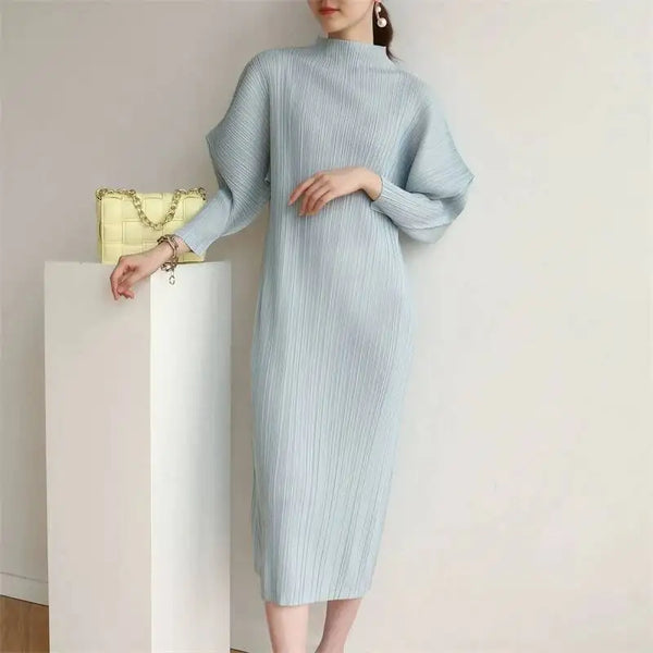 Pleated Half High Collar Batwing Sleeve Women's Dress Chic Elastic Loose Casual Famale Clothes 2DB4324