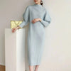 Pleated Half High Collar Batwing Sleeve Women's Dress Chic Elastic Loose Casual Famale Clothes 2DB4324
