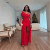 Women One Shoulder Skew Neck High Split Pleated Hem Bodycon Long Maxi Dress Evening Sexy Club Party Long Maxi Dresses