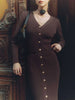 Elegant Evening Dress Women V Neck Long Sleeve Patchwork Button Slit Sweater Dresses Autumn Winter Knit Maxi Dress