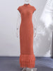 Elegant Women High Neck Cap Sleeve Midi Dress Glitter Fringe Hem Bodycon Pencil Dress Wedding Guest Cocktail Evening Gowns