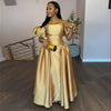 Puff Sleeve Elegant Dress for Women's Square Collar Gold Solid Pleated A-line Evening Party Cocktail Long Dresses
