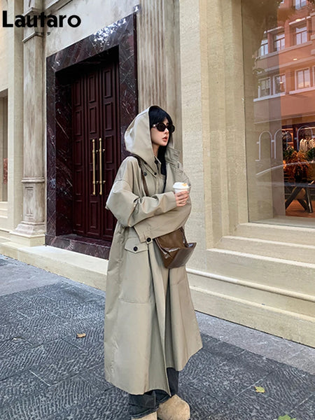 Spring Autumn Long Oversized Light Khaki Trench Coat for Women with Hood Double Breasted Loose Casual Overcoat