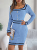 Autumn Winter Casual Elegant Square Collar Button Decoration Knitted Dress Long Sleeve Bodycon Dress for Women
