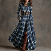 Autumn Grid Printed Long Sleeve Shirts Dress Casual Wear Robe Dress Elegant Ladies Loose Pleated Vintage Commute Dresses