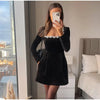 Elegant Square Neck Diamond Short Velvet Dress For Women Two Pockets Slim Office Ladies Outfits A-Line Long Sleeve Dress