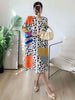 Pleated Contrast Color Leopard Printed Dress Stand Neck Single Breasted Mid-length Dresses Women Party Clothing 2Q1027