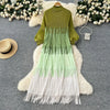 Tassel Patchwok Color Block Dress for Women Pleated Puff Sleeve Mid-calf Dresses Female Autumn