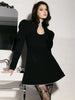 Puff Sleeve Contrast Color Mini Dress Female Retro Elegant Stand Collar Hollow Lace Up A-Line Dress Tight Waist