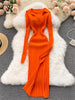 Women Korean Knitted Dress Long Sleeve V Neck Elastic Slim Pencil Dresses Autumn Sexy Bodycon Split Sweater Dress