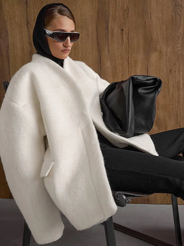 Women's Fleece Button Wasit Jacket Stand Collar Long Sleeve Pockets Oversized Coat Lady Spring Casual Outerwear