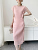 White Textured Pleated Women's Dress Raglan Sleeve Round Neck Side Slit Casual Formal Sheer Dresses Spring