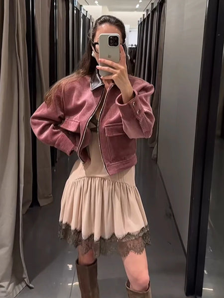 PU Leather Collar Corduroy Coat Elegant Long Sleeve Zipper Women's Cropped Jacket Spring Lady Outerwear Street