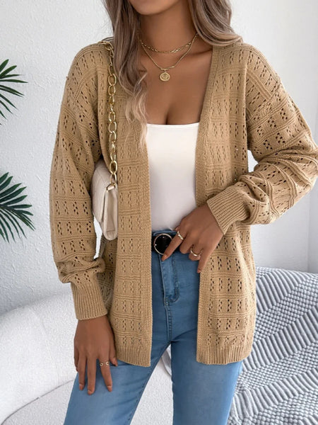 Solid Color Hollow Lantern Long Sleeve Sweater for Women Casual Cardigan Sweaters Autumn Winter Mid-length Jacket Tops