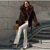 Elegant Faux Fur Thicken Jackets Women's Long Sleeves Pockets Patchwork Belts Hoodie Coat Winter Chic Warm Outerwear