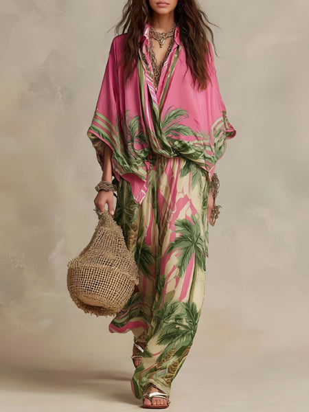 Color Print Two Piece Set Women Loose Batwing Sleeve Shirts Wide Legs Trousers 2 Piece Set Female Vacation Suits