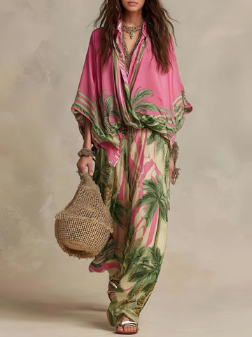 Color Print Two Piece Set Women Loose Batwing Sleeve Shirts Wide Legs Trousers 2 Piece Set Female Vacation Suits