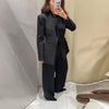 Balck Pants Set For Women Casual Stand Collar Single Breasted Blazer Wide-leg Pants Lady Spring Chic Street Outfits
