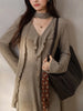 Elegant French V-Neck Knit Dress Women Long Sleeve Elastic Maxi Dress Asymmetrical Design Belted Long Dress for Autumn Winter