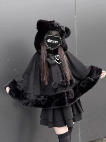 Winter Japanese Lolita Cloak Overcoat Women Design Bow Hooded Patchwork Kawaii Cope Coat Harajuku Warm Sweet Fur Collar Coat