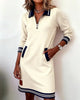 Autumn Winter Versatile Women's Dress Casual Contrasting Color Splicing Lapel Long-sleeved Loose Dress With Pockets
