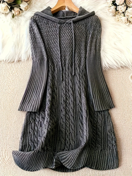 Women's Autumn and Winter Casual Solid Color Long-Sleeved Loose Pullover Knitted Hooded Large Size Sweater Dress